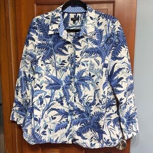 Talbots XL petite button up shirt. Beautiful blue floral and foliage print